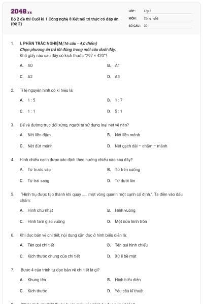Bộ 2 đề thi Cuối kì 1 Công nghệ 8 Kết nối tri thức có đáp án (Đề 2)