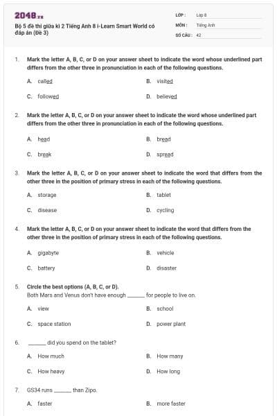 Bộ 5 đề thi giữa kì 2 Tiếng Anh 8 i-Learn Smart World có đáp án (Đề 3)