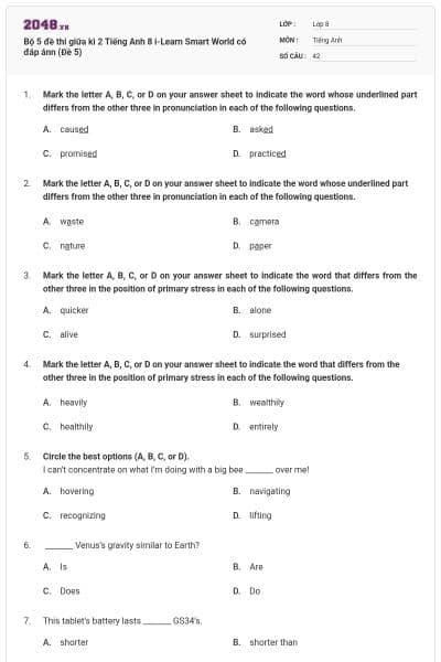 Bộ 5 đề thi giữa kì 2 Tiếng Anh 8 i-Learn Smart World có đáp ánn (Đề 5)