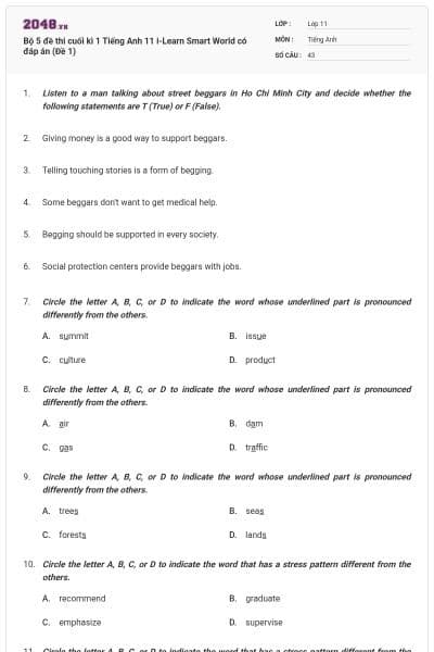 Bộ 5 đề thi cuối kì 1 Tiếng Anh 11 i-Learn Smart World có đáp án (Đề 1)