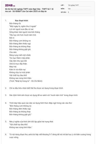 Đề thi thử tốt nghiệp THPT môn Ngữ Văn - THPT Số 1 Si ma cai - Sở GD&ĐT Lào Cai năm 2025 có đáp án