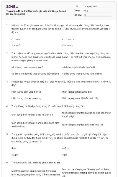 Tuyển tập đề thi thử thpt quốc gia môn Vật lý cực hay có lời giải (Đề số 27)