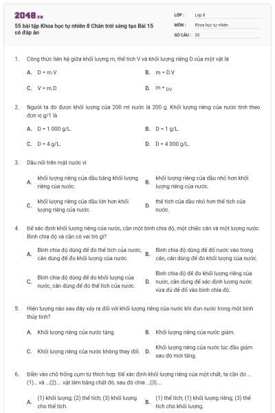 55 bài tập Khoa học tự nhiên 8 Chân trời sáng tạo Bài 15 có đáp án