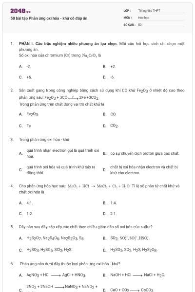 50 bài tập Phản ứng oxi hóa - khử có đáp án