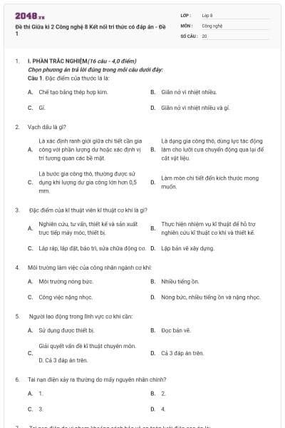 Đề thi Giữa kì 2 Công nghệ 8 Kết nối tri thức có đáp án - Đề 1