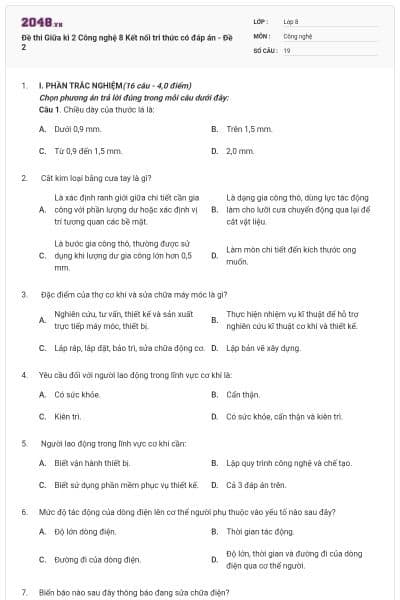 Đề thi Giữa kì 2 Công nghệ 8 Kết nối tri thức có đáp án - Đề 2