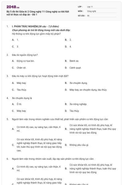 Bộ 5 đề thi Giữa kì 2 Công nghệ 11 Công nghệ cơ khí Kết nối tri thức có đáp án - Đề 1