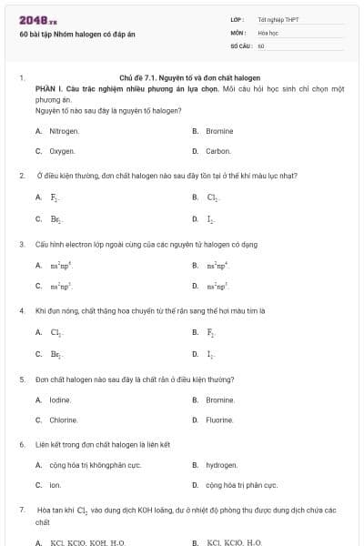 60 bài tập Nhóm halogen có đáp án
