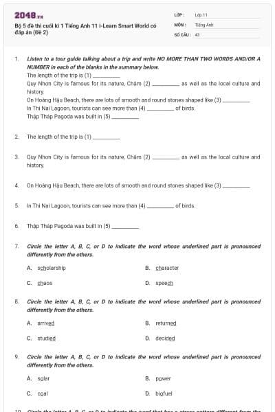 Bộ 5 đề thi cuối kì 1 Tiếng Anh 11 i-Learn Smart World có đáp án (Đề 2)