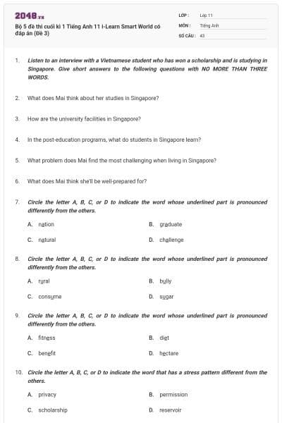 Bộ 5 đề thi cuối kì 1 Tiếng Anh 11 i-Learn Smart World có đáp án (Đề 3)