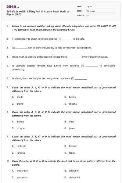 Bộ 5 đề thi cuối kì 1 Tiếng Anh 11 i-Learn Smart World có đáp án (Đề 5)