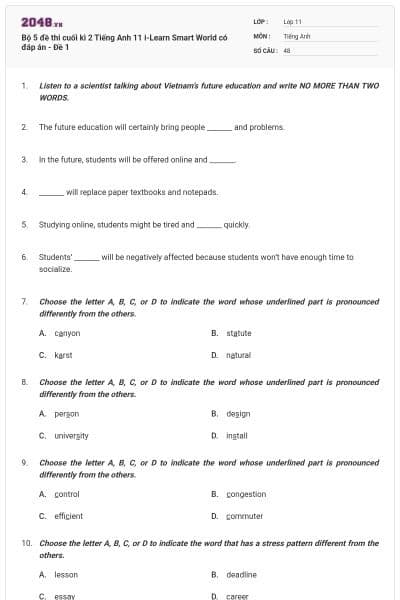 Bộ 5 đề thi cuối kì 2 Tiếng Anh 11 i-Learn Smart World có đáp án - Đề 1
