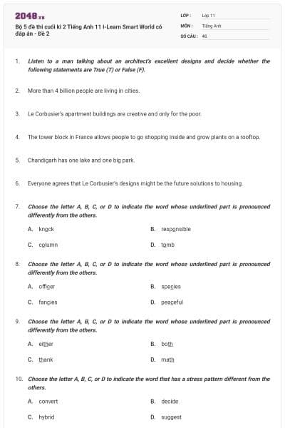 Bộ 5 đề thi cuối kì 2 Tiếng Anh 11 i-Learn Smart World có đáp án - Đề 2