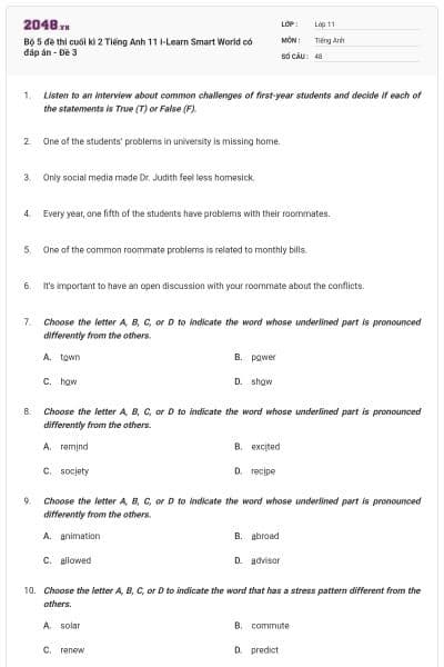 Bộ 5 đề thi cuối kì 2 Tiếng Anh 11 i-Learn Smart World có đáp án - Đề 3