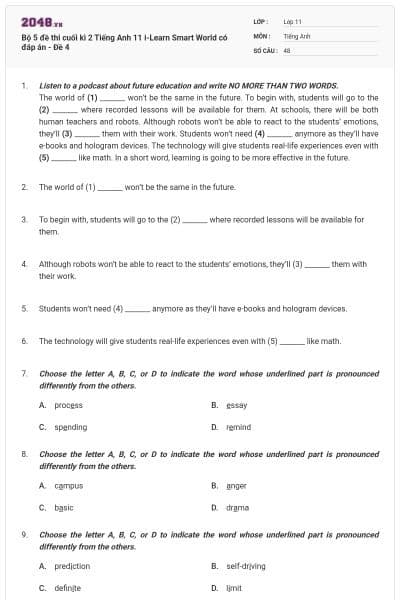 Bộ 5 đề thi cuối kì 2 Tiếng Anh 11 i-Learn Smart World có đáp án - Đề 4