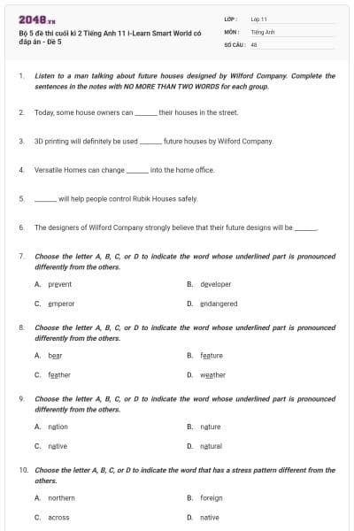 Bộ 5 đề thi cuối kì 2 Tiếng Anh 11 i-Learn Smart World có đáp án - Đề 5