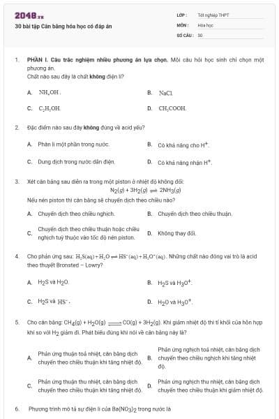 30 bài tập Cân bằng hóa học có đáp án
