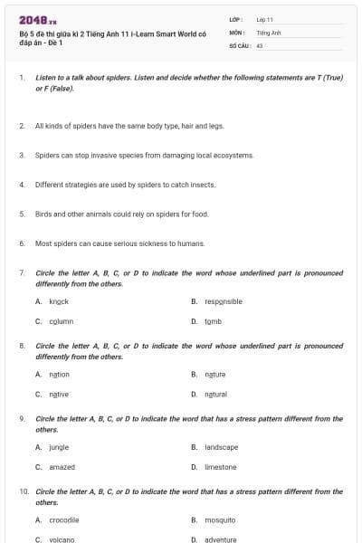 Bộ 5 đề thi giữa kì 2 Tiếng Anh 11 i-Learn Smart World có đáp án - Đề 1