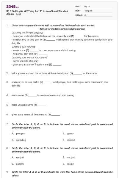 Bộ 5 đề thi giữa kì 2 Tiếng Anh 11 i-Learn Smart World có đáp án - Đề 3