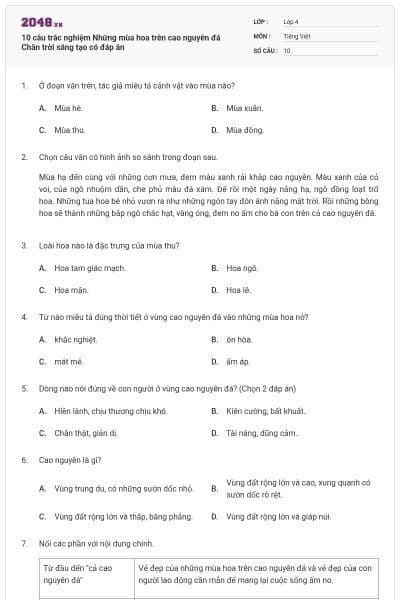 10 câu trắc nghiệm Những mùa hoa trên cao nguyên đá Chân trời sáng tạo có đáp án