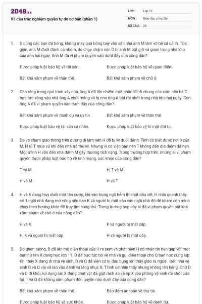 93 câu trắc nghiệm quyền tự do cơ bản (phần 1)
