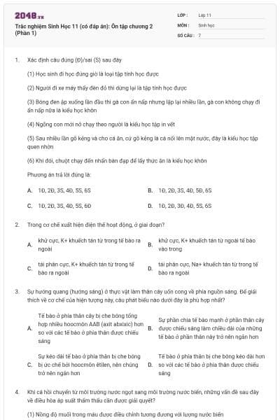 Trắc nghiệm Sinh Học 11 (có đáp án): Ôn tập chương 2 (Phần 1)