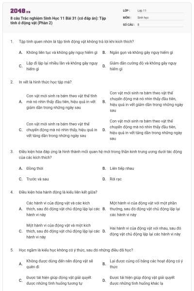 8 câu  Trắc nghiệm Sinh Học 11 Bài 31 (có đáp án): Tập tính ở động vật (Phần 2)