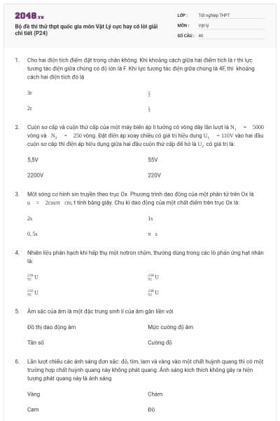 Bộ đề thi thử thpt quốc gia môn Vật Lý cực hay có lời giải chi tiết (P24)