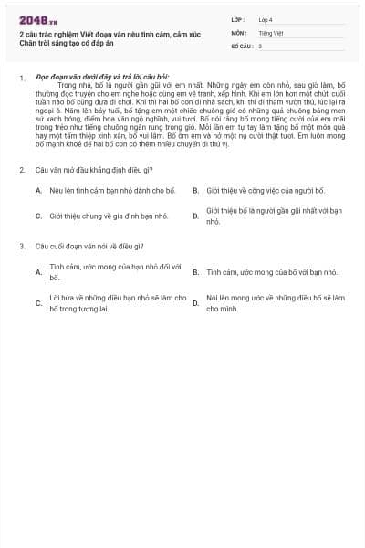 2 câu trắc nghiệm Viết đoạn văn nêu tình cảm, cảm xúc Chân trời sáng tạo có đáp án