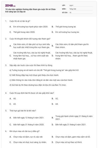 10 câu trắc nghiệm Hướng dẫn tham gia cuộc thi vẽ Chân trời sáng tạo có đáp án