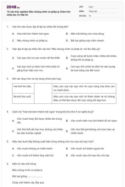 10 câu trắc nghiệm Nếu chúng mình có phép lạ Chân trời sáng tạo có đáp án