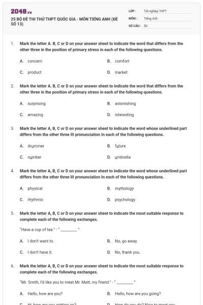 25 BỘ ĐỀ THI THỬ THPT QUỐC GIA - MÔN TIẾNG ANH (ĐỀ SỐ 13)