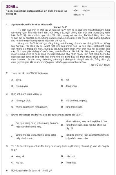 15 câu trắc nghiệm Ôn tập cuối học kì 1 Chân trời sáng tạo có đáp án