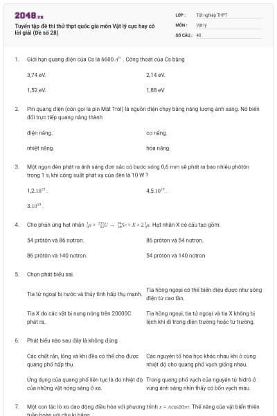 Tuyển tập đề thi thử thpt quốc gia môn Vật lý cực hay có lời giải (Đề số 28)