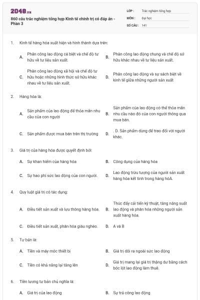 860 câu trắc nghiệm tổng hợp Kinh tế chính trị có đáp án -Phần 3