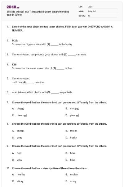 Bộ 5 đề thi cuối kì 2 Tiếng Anh 8 i-Learn Smart World có đáp án (Đề 5)