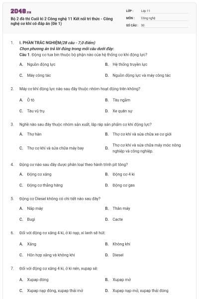 Bộ 2 đề thi Cuối kì 2 Công nghệ 11 Kết nối tri thức - Công nghệ cơ khí có đáp án (Đề 1)