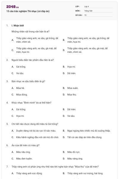 15 câu trắc nghiệm Thi nhạc (có đáp án)