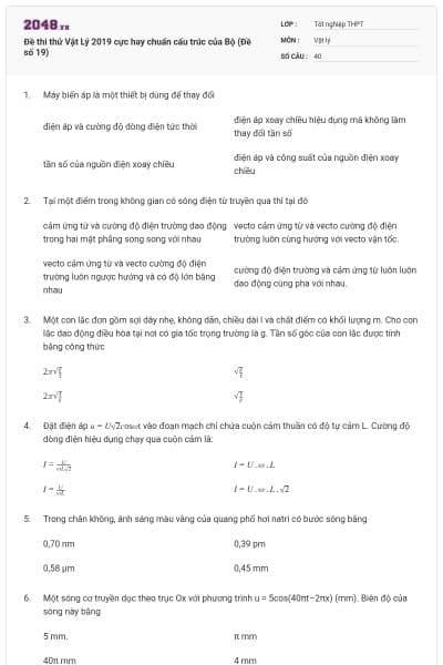 Đề thi thử Vật Lý 2019 cực hay chuẩn cấu trúc của Bộ (Đề số 19)