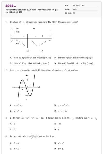 30 đề thi thử thpt năm 2020 môn Toán cực hay có lời giải chi tiết (đề số 11)