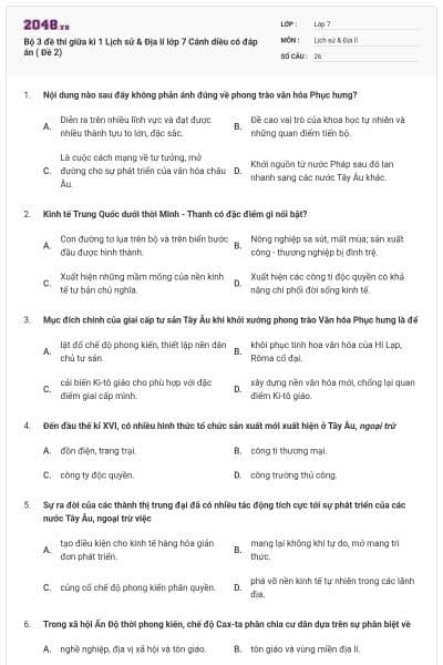 Bộ 3 đề thi giữa kì 1 Lịch sử & Địa lí lớp 7 Cánh diều có đáp án ( Đề 2)