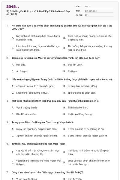 Bộ 3 đề thi giữa kì 1 Lịch sử & Địa lí lớp 7 Cánh diều có đáp án ( Đề 3)