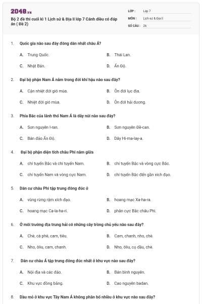 Bộ 2 đề thi cuối kì 1 Lịch sử & Địa lí lớp 7 Cánh diều có đáp án ( Đề 2)