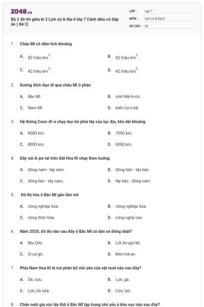 Bộ 2 đề thi giữa kì 2 Lịch sử & Địa lí lớp 7 Cánh diều có đáp án ( Đề 2)