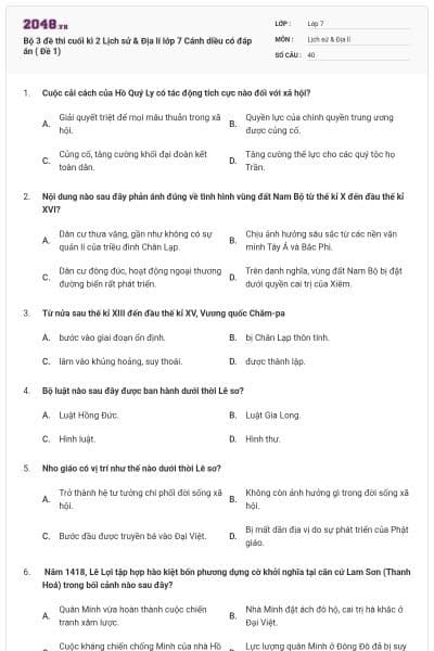 Bộ 3 đề thi cuối kì 2 Lịch sử & Địa lí lớp 7 Cánh diều có đáp án ( Đề 1)