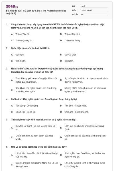 Bộ 3 đề thi cuối kì 2 Lịch sử & Địa lí lớp 7 Cánh diều có đáp án ( Đề 2)