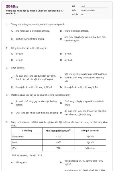 90 bài tập Khoa học tự nhiên 8 Chân trời sáng tạo Bài 17 có đáp án