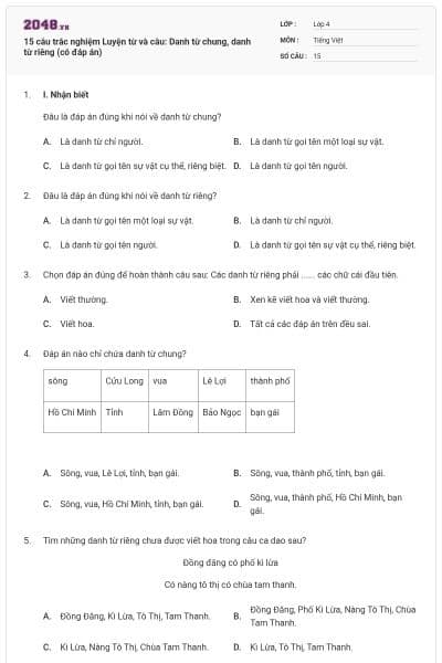 15 câu trắc nghiệm Luyện từ và câu: Danh từ chung, danh từ riêng (có đáp án)