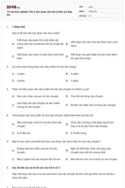 15 câu trắc nghiệm Tìm ý cho đoạn văn nêu ý kiến (có đáp án)