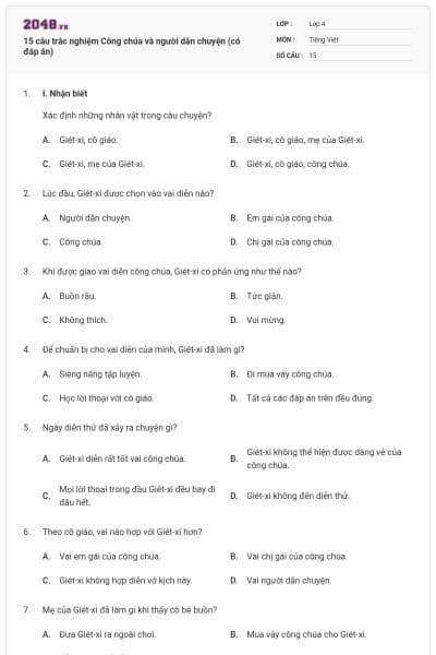 15 câu trắc nghiệm Công chúa và người dẫn chuyện (có đáp án)